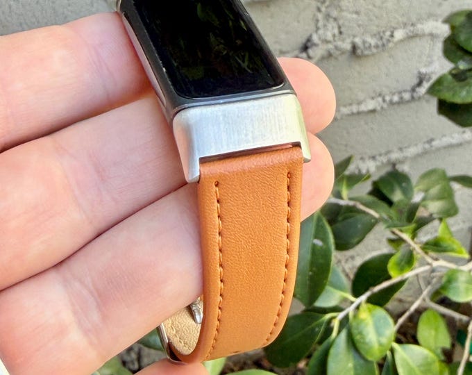 Brown Leather Fitbit Charge 6 Band, Adjustable Stitched Leather Strap, Gold or Silver Hardware
