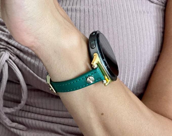 Galaxy Watch 8 Leather Band - Emerald Green Slim Strap, Adjustable Bracelet, Silver Gold Accents