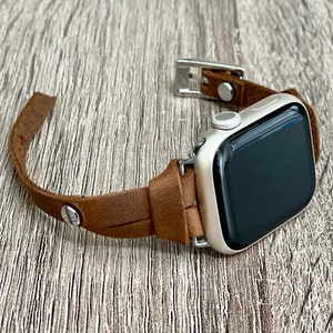 Slim Rustic Brown Leather Apple Watch Band - Women iWatch Strap Bracelet - Unique BoHo Armband - Durable Daily Wear Jewelry - Gift for Her