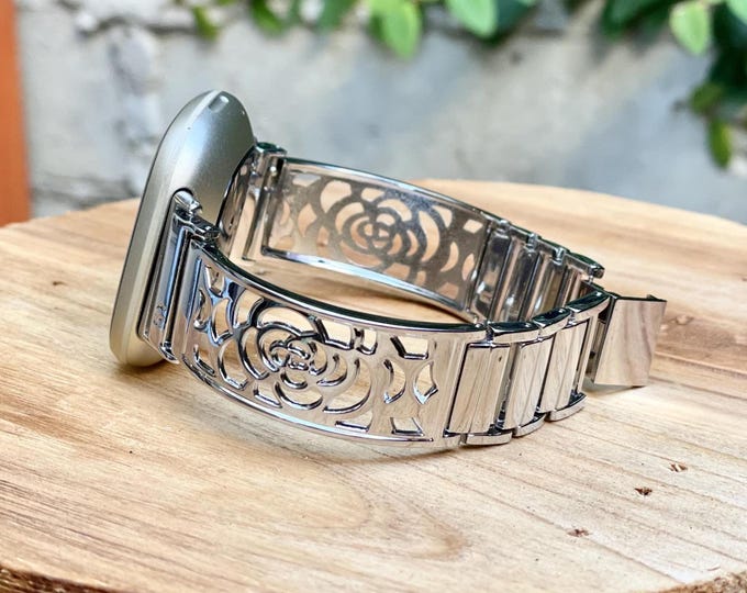 Silver Fitbit Versa 4 Band Smart Watch Bracelet, Floral Design Smartwatch Metal Strap, Luxury Replacement Fitbit Jewelry, Adjustable Links