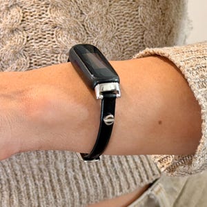 Black Leather Fitbit Luxe Band: Slim Silver Accent Strap, Women's Bracelet