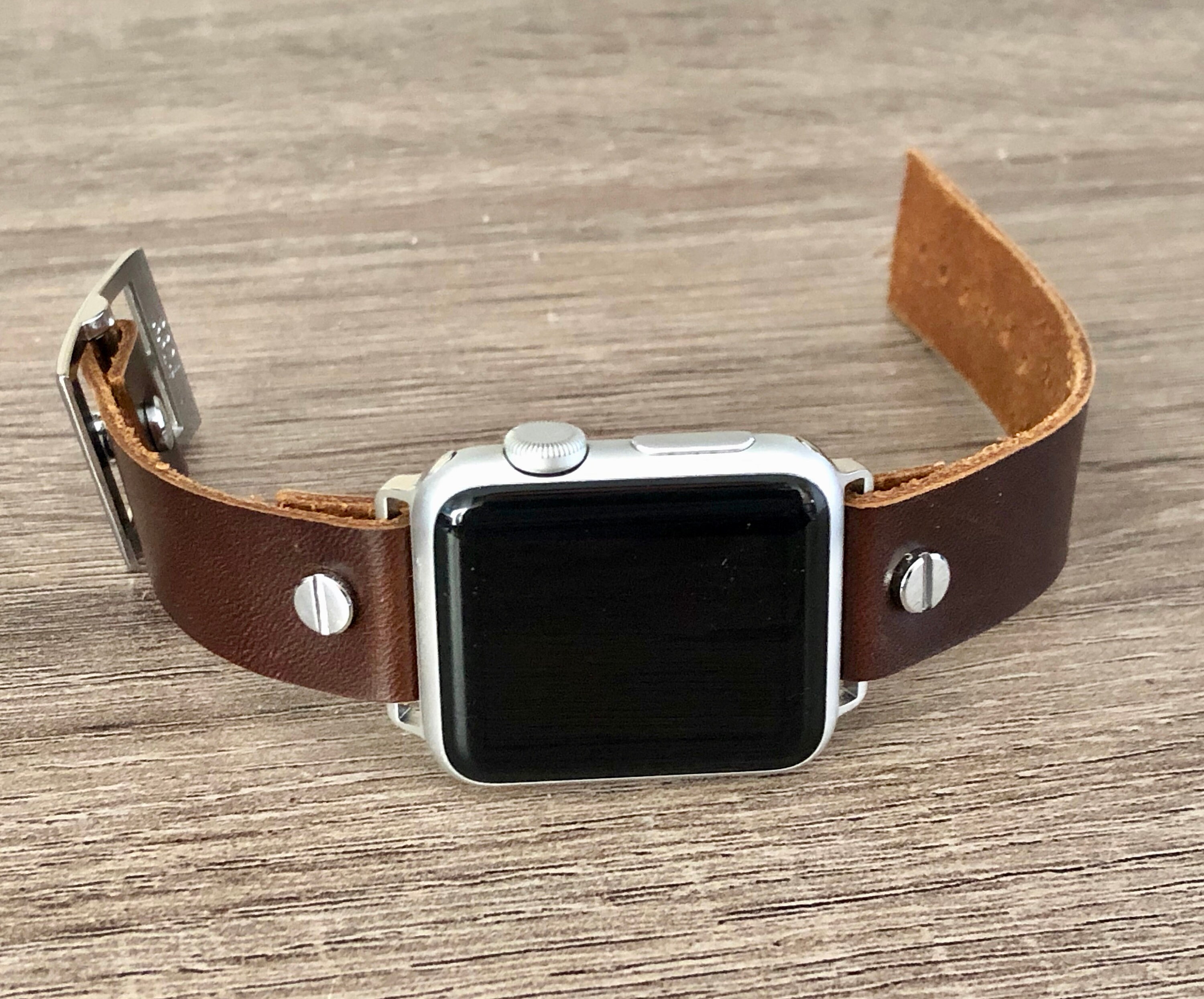 Apple Watch Band 38mm 40mm 41mm 42mm 44mm 45mm Silver iWatch Bracelet Brown Leather Strap