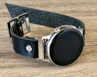 Black Leather Galaxy Watch Band, Adjustable Strap, Silver Accents Bracelet