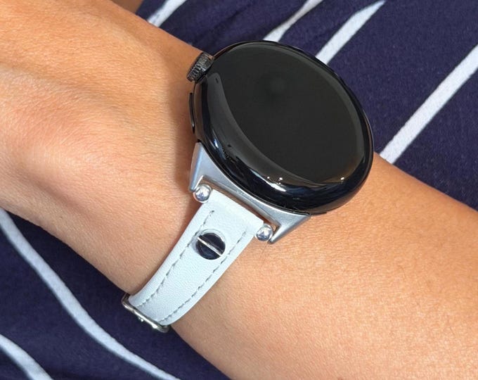 White Leather Google Pixel Watch Band Silver Slim Strap Bracelet