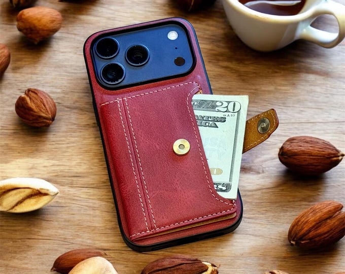 Personalized Leather Wallet iPhone Case, Card Holder, Cash Pocket Cover, iPhone 17 16 15 Pro Max Case