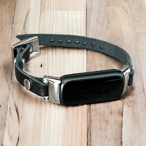 Women Fitbit Luxe Band Silver & Black Leather Fitbit Luxe Bracelet Slim Genuine Leather Strap Dainty Fitbit Luxe Jewelry Gift for Her