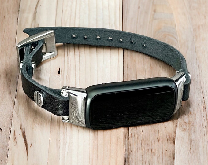 Women Fitbit Luxe Band Silver & Black Leather Fitbit Luxe Bracelet Slim Genuine Leather Strap Dainty Fitbit Luxe Jewelry Gift for Her