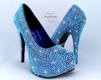 Swarovski Crystal High Heels: Sapphire Blue Glitter Bridal Shoes