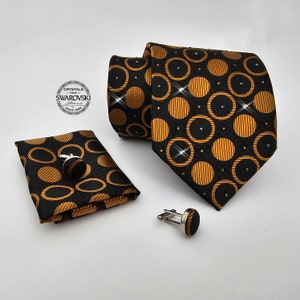 Swarovski Crystal Silk Necktie Set: Black & Gold Tie, Cufflinks, Handkerchief