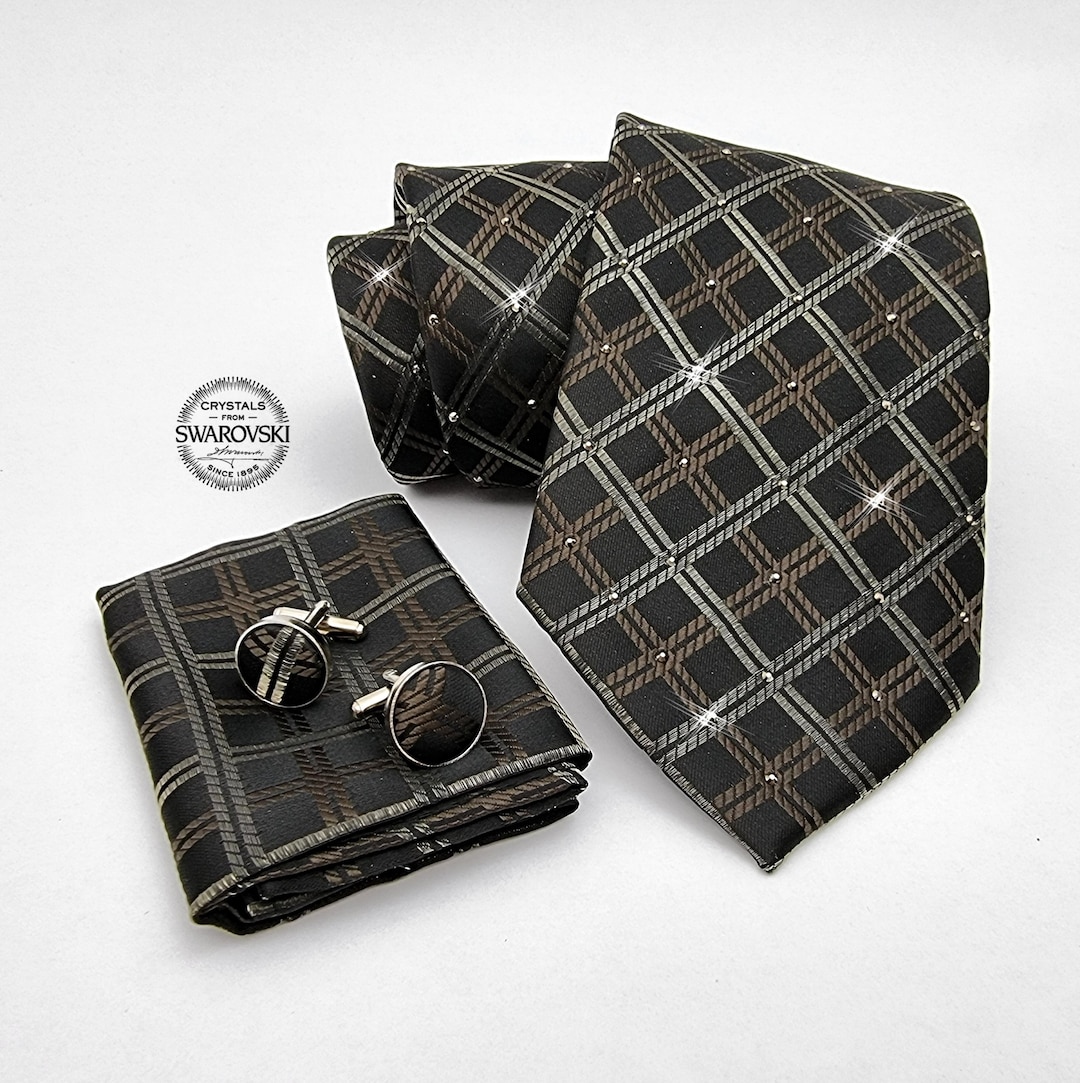 Swarovski Crystal Necktie Set With Handkerchief and Cufflinks Men's