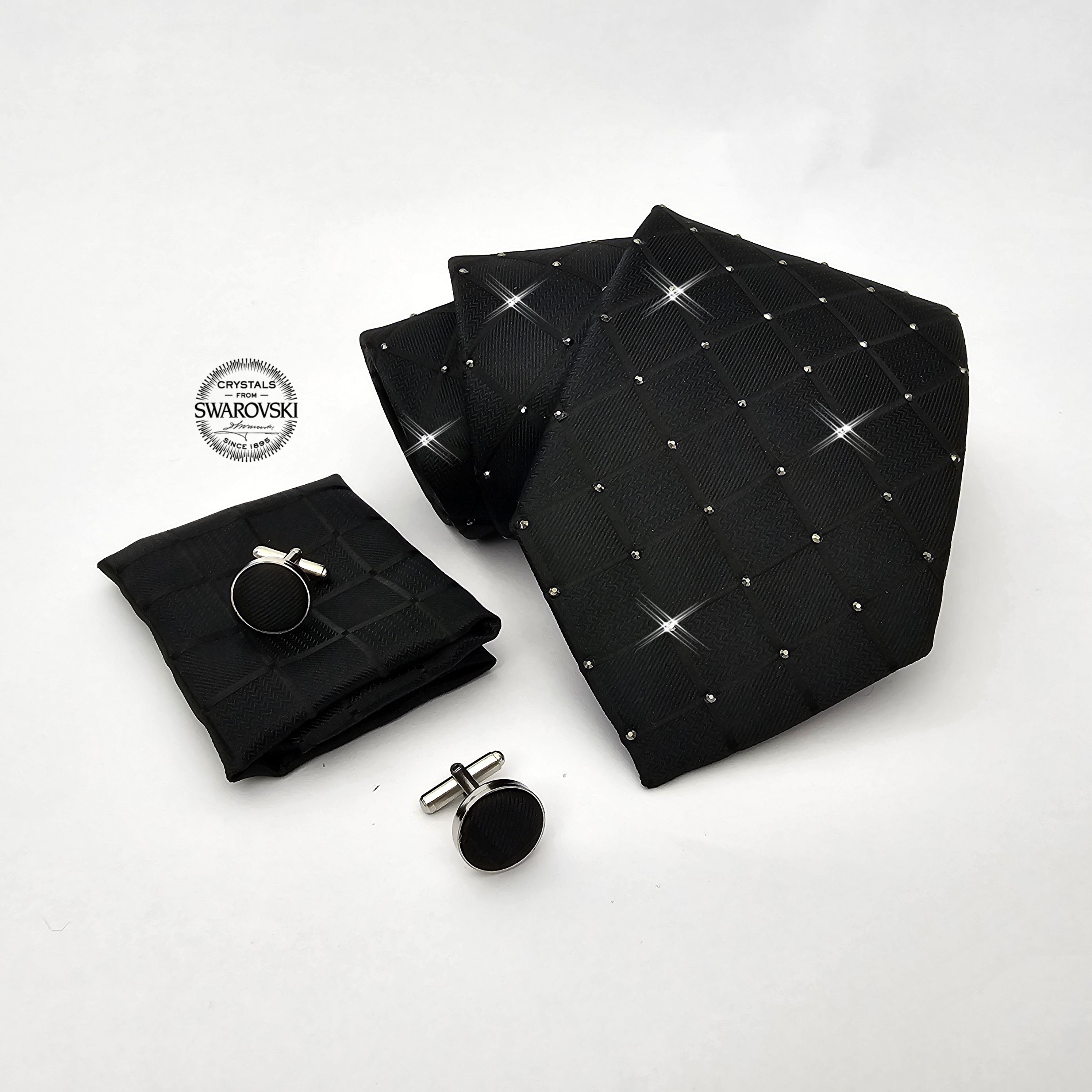 Swarovski Crystal Silk Necktie Set: Handmade Embellished Tie, Cufflinks
