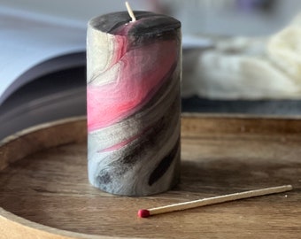 Grey, Pink Swirl Marble Pillar Candle, Decorative Candle, Hand Twisted Candle, Housewarming Gift, Candle Gift.