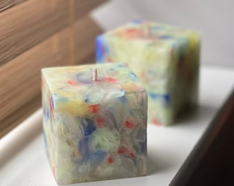 Handmade | Square Pillar Candle | Colourful |Scented Lavender | Cube Candle | Marble Candle | Candle Decor.