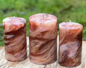 Swirl Pillar Candles, Candle Gift, Brown, Pink, Candle Decor, Hurricane Candles, Handmade Candle Gift Set.