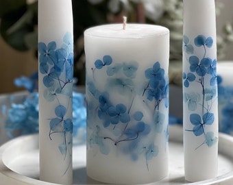 Hydrangea Wedding Candles, Unity Candles with Hydrangea, Ceremony Candles, Altar Candles, Preserved Flowers, Handcrafted Unique Candles.