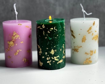 Vela con copos de oro, regalo de inauguración de la casa, decoración dorada y verde, velas de larga duración, decoración de bodas, decoración glamorosa.