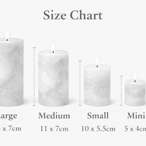 May include: A size chart displays four white marble-patterned pillar candles of varying sizes, each with a lit flame. The largest candle is 18 cm tall and 7 cm wide. The chart is labeled "Size Chart".