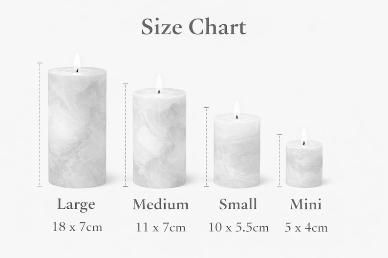 May include: A size chart displays four white marble-patterned pillar candles of varying sizes, each with a lit flame. The largest candle is 18 cm tall and 7 cm wide. The chart is labeled "Size Chart".
