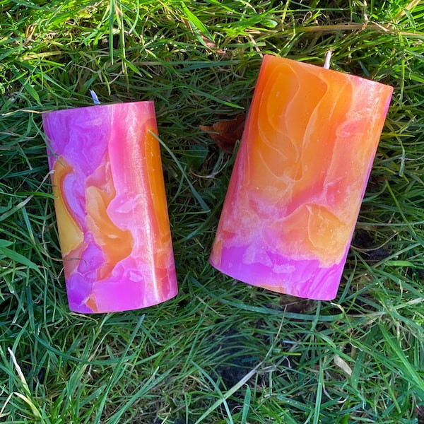 Colourful Pillar Candles, Orange, Magenta Colour, Swirl Pillar Candles, Decorative Candles, Housewarming Gift, Candle Decor, Table Decor.