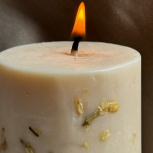 May include: A white candle with a single flame burning at the top. The candle has small, dried flowers embedded in the wax.
