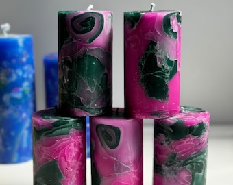 Green, Pink Swirl Pillar Candles, Candle Decor, Decorative Candles, Handcrafted Candle, Housewarming Gift, Colourful Decor, Birthday Gift.