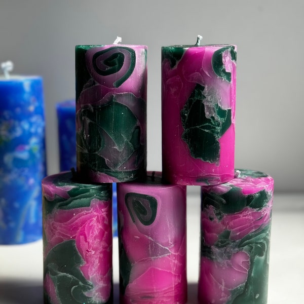 Green, Pink Swirl Pillar Candles, Candle Decor, Decorative Candles, Handcrafted Candle, Housewarming Gift, Colourful Decor, Birthday Gift.