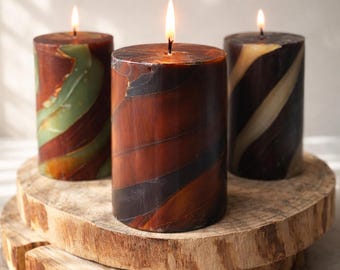 Handmade Marbled Pillar Candle – Earth Tone Boho Decor