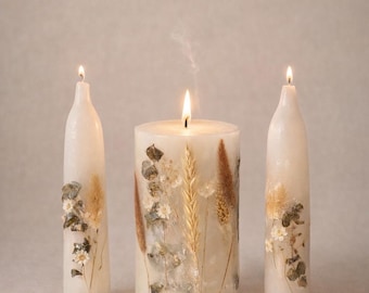 Set di candele Boho Wedding Unity con veri fiori secchi, fatte a mano