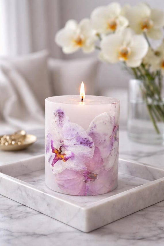 Handmade Orchid Pillar Candle – Real Pressed Botanical Decor, Elegant Home Accent