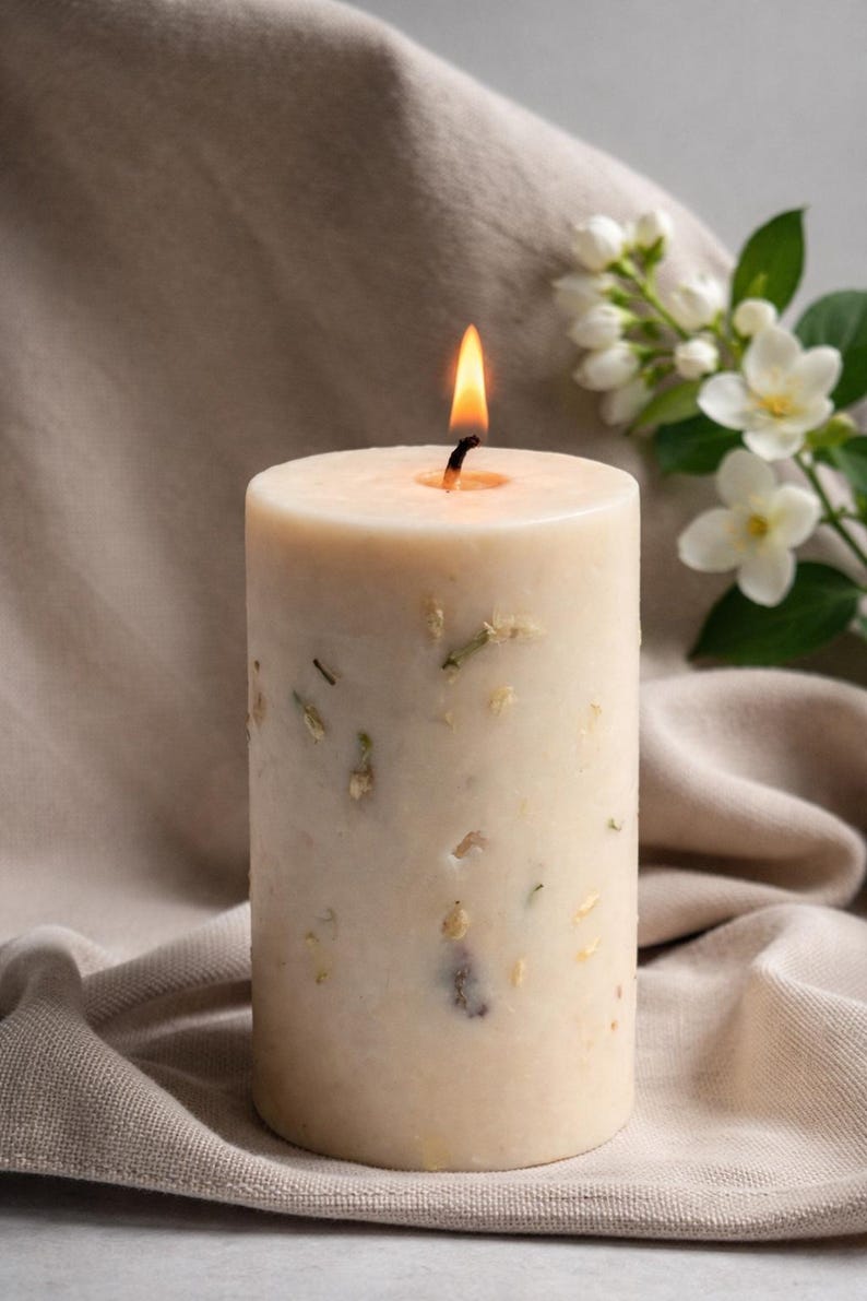 Vegan Soy Wax Candle with Jasmine Petals | Natural Home Decor, Relaxation Aid image 1