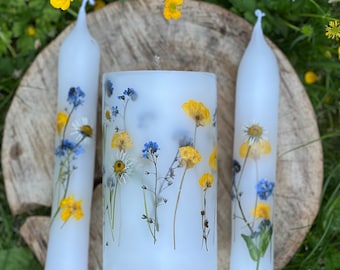 Unity Candles, Wildflower Set Candles, Wedding Ceremony Candles, Meadow Candles, Botanical Candles, Pressed Flowers, Altar Candles.