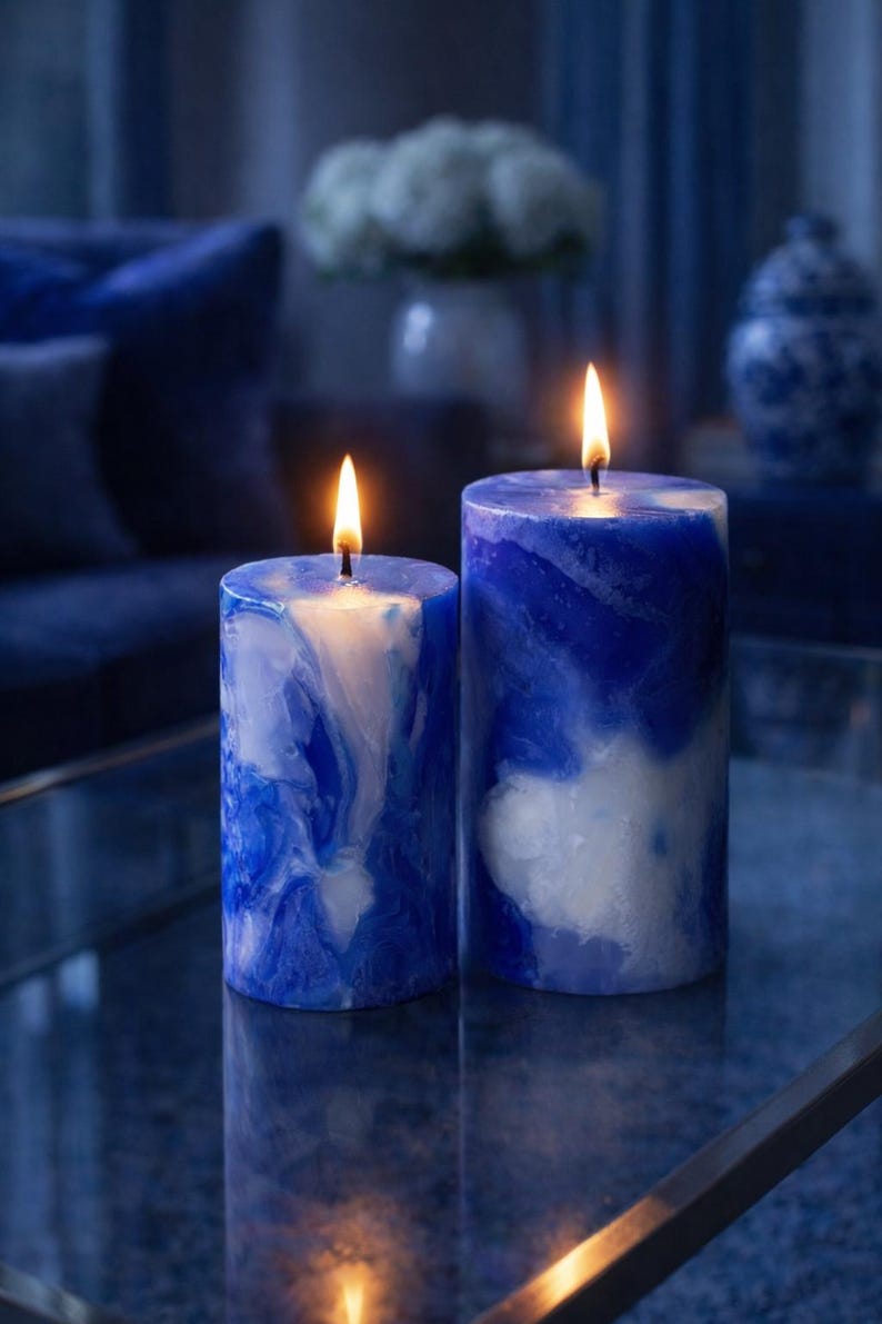 May include: Two lit pillar candles with a marbled blue and white design. The candles are cylindrical and have a wax-like appearance. The flames are bright yellow-orange. The background is a dark blue, creating a calming ambiance.