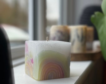 Pastel Cube Candle, Kleurrijk Decor, Housewarming Gift, Cadeau voor Vriend, Langdurige Kaars, Pastel Rainbow, Handgemaakt Uniek Cadeau.