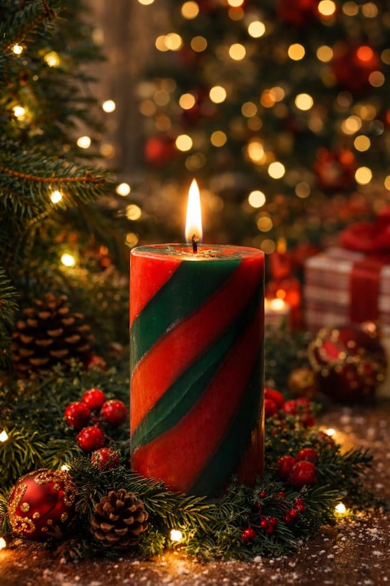 Handgemachte gedrehte Stumpenkerze | Rot & Grün Weihnachtsdekor