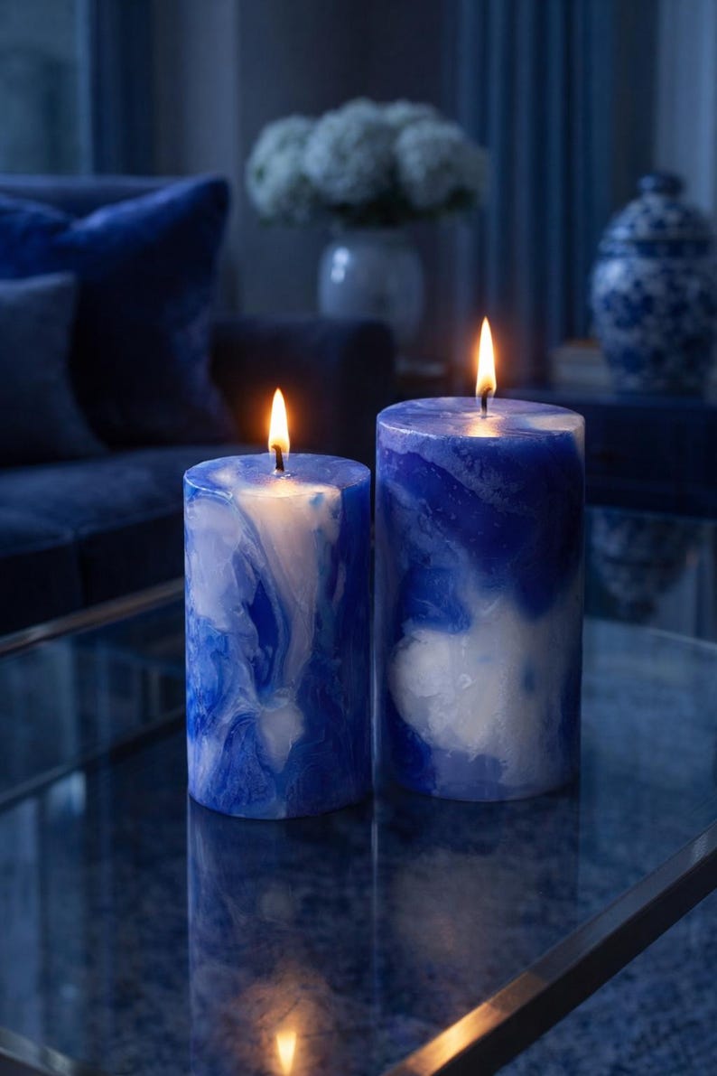 May include: Two lit pillar candles with a marbled blue and white design. The candles are cylindrical and sit on a reflective surface. The flames are bright yellow against the dark blue background.