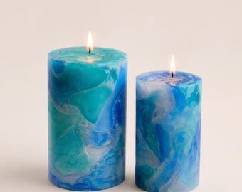Ocean Marble Pillar Candle – Turquoise Blue White Coastal Home Decor