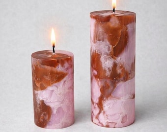 Vela de mármol marrón y rosa, vela cilíndrica hecha a mano, vela sin perfume, decoración minimalista para el hogar, regalo estético, decoración de velas única