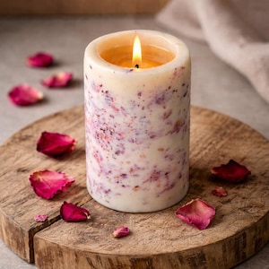 Rose Botanical Soy Candle with Real Rose Petals, Handmade Romantic Gift for Her