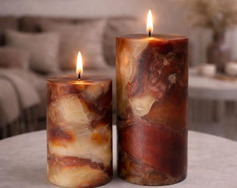 Bougie pilier faite main en marbre beige brun | Décoration neutre, longue durée de vie