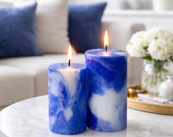 Dark Blue Marble  Pillar Candle | Handmade Home Decor Gift