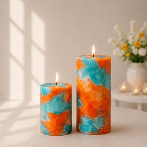 Handgefertigte Skulpturkerze | Türkis & Orange Wohnaccessoires
