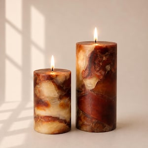 Handmade Beige Brown Marble Pillar Candle | Long Burning, Neutral Decor