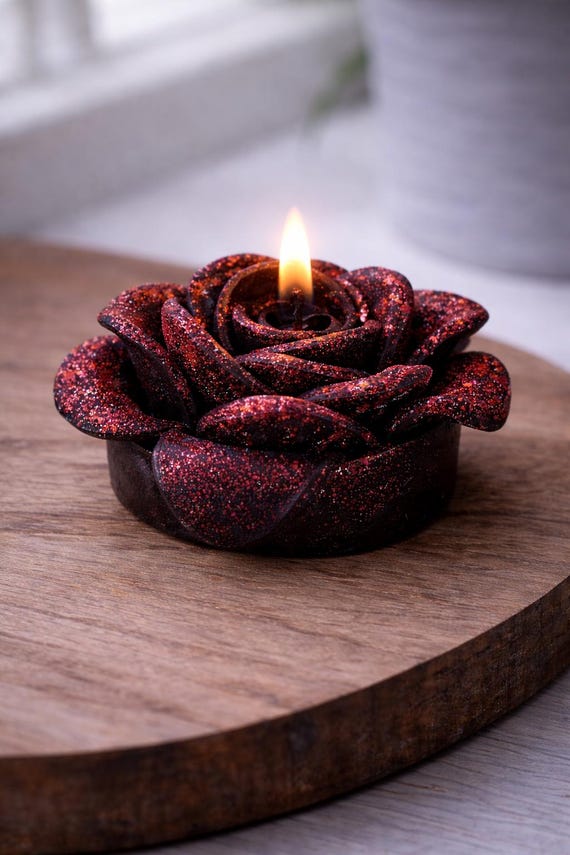 Handgefertigte schwarze Rose Kerze | Gothic Glitzer Schwimmkerze