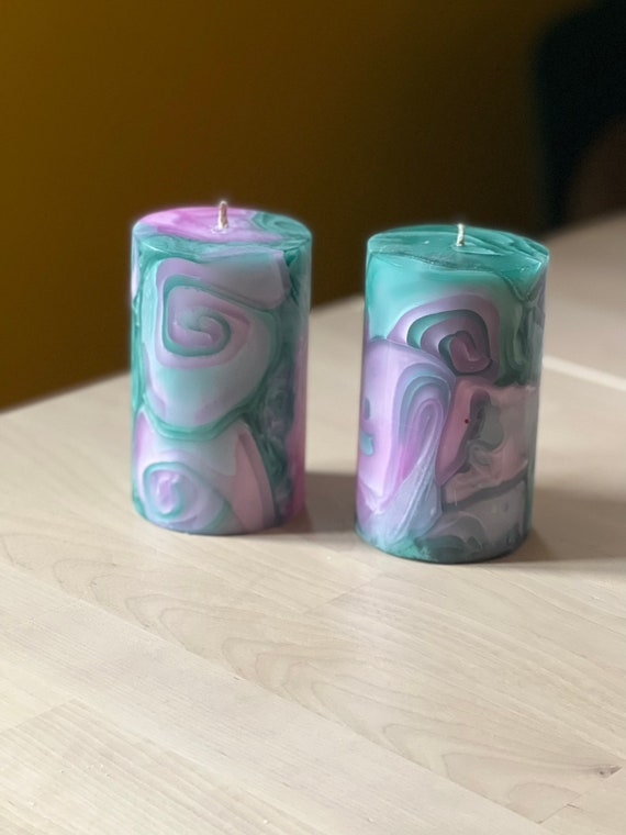 Green, Pink Swirl Pillar Candles, Candle Decor, Decorative Candles