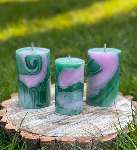 Velas de pilar de remolino verde y rosa, decoración de velas