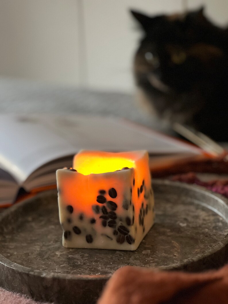 K&ouml;nnte beinhalten: Eine quadratische Kerze mit warmem Schein, eingebettet mit Kaffeebohnen, steht auf einem grauen Metalltablett. Das Wachs der Kerze ist cremefarben und die Kaffeebohnen sind dunkelbraun. Ein Buch und eine Katze sind im Hintergrund.