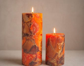 Handmade Marble Pillar Candle Set | Brown & Orange, Autumn Decor