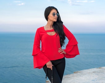 Bell Sleeves Blouse / Women's Blouses / Red Blouse / Wide Sleeves Blouse / Elegant Blouse / Women Top / Blouse For Women