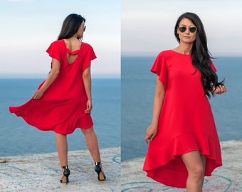 Asymmetrical Red Dress / Ruffle Dress / Short Sleeves Dress / Women Dress / Dress For Women / Dresses