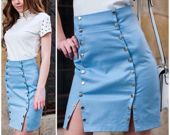 Skirt with Snap Buttons/High Waisted Skirt/Women's Skirts/Sexy Skirt/Straight Skirt/Elegant Skirt /Spring Skirt /Cotton Skirt/Short Skirt